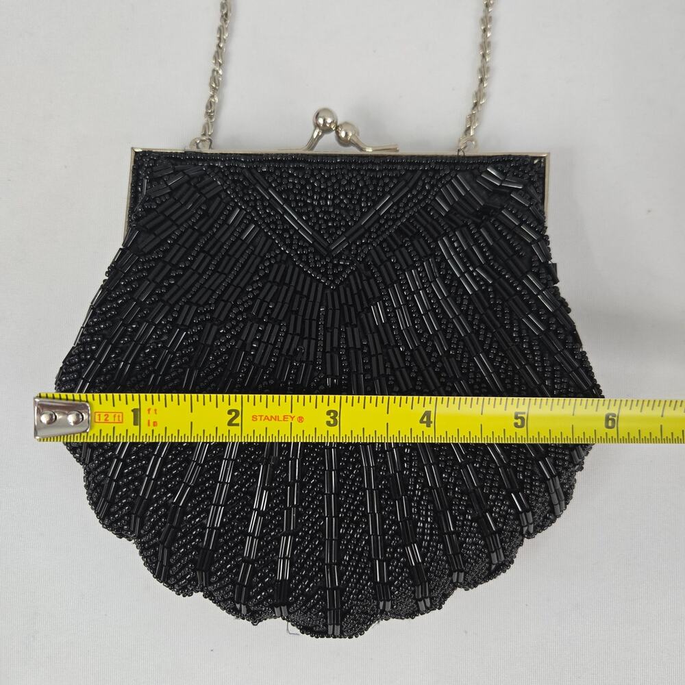 Antique Art Deco Black Beaded Clamshell Clutch Purse Snap Closure Chain Strap - Picture 12 of 14